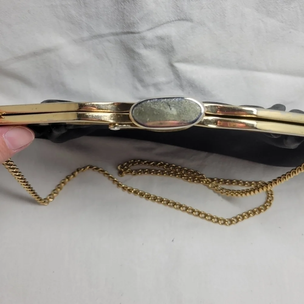 Vintage RARE Black Suede clutch Evening Bag Long Chain Purse box style opening - Picture 3 of 7